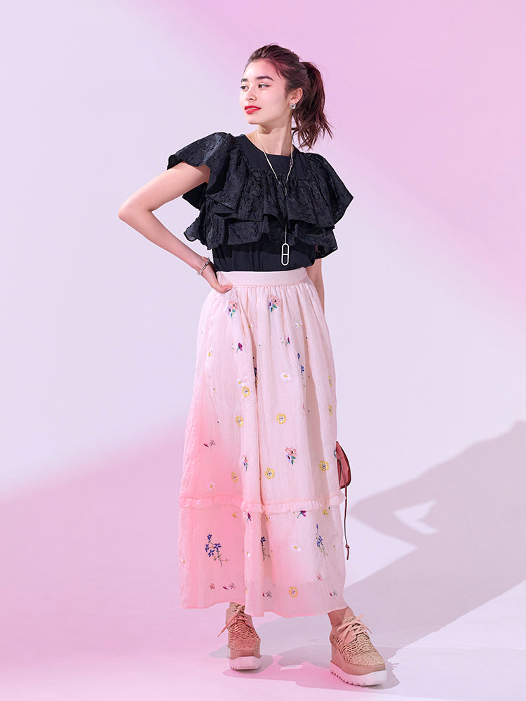 カットソー×ジャガードフリルトップス