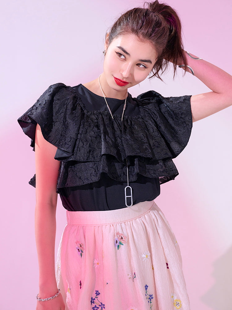 カットソー×ジャガードフリルトップス