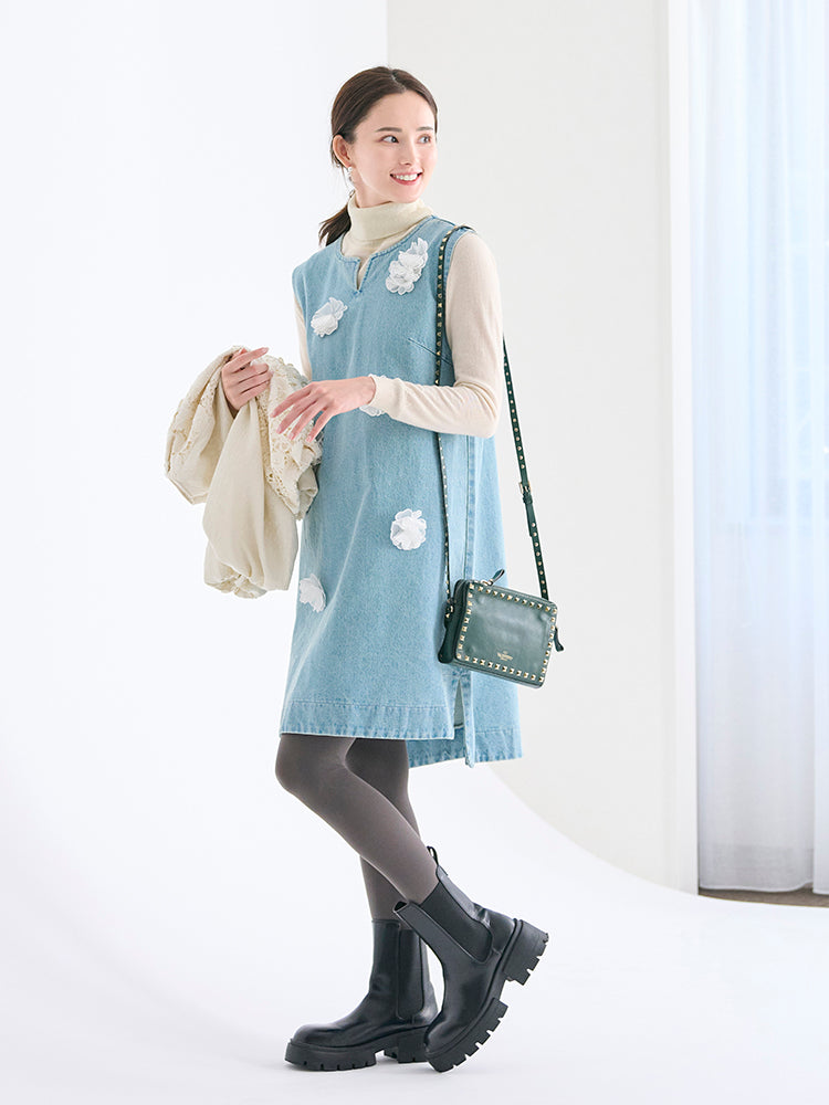 フラワーコサージュデニムワンピース