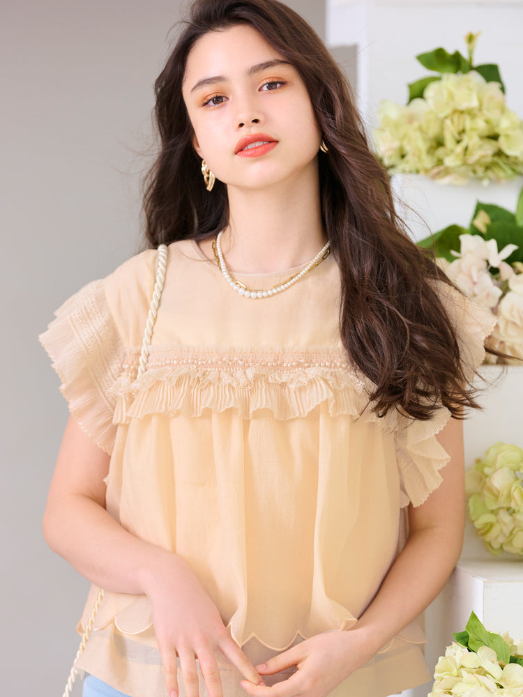 レースフリルプリーツブラウス