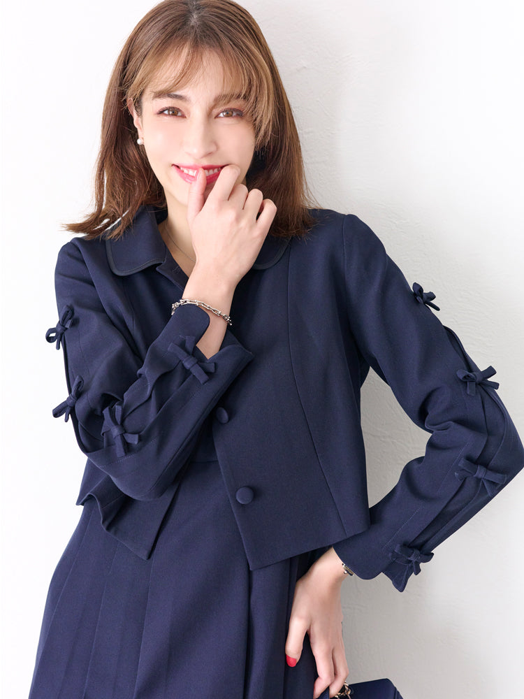 美品 チェスティ リボンケープジャケット ニット ネイビー F