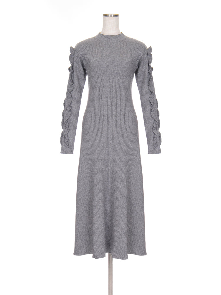 フェラガモ　ラナウール模様編みニットワンピース XS グレー　七分袖 ループヤーンベストレイヤードセットニットワンピース[品番