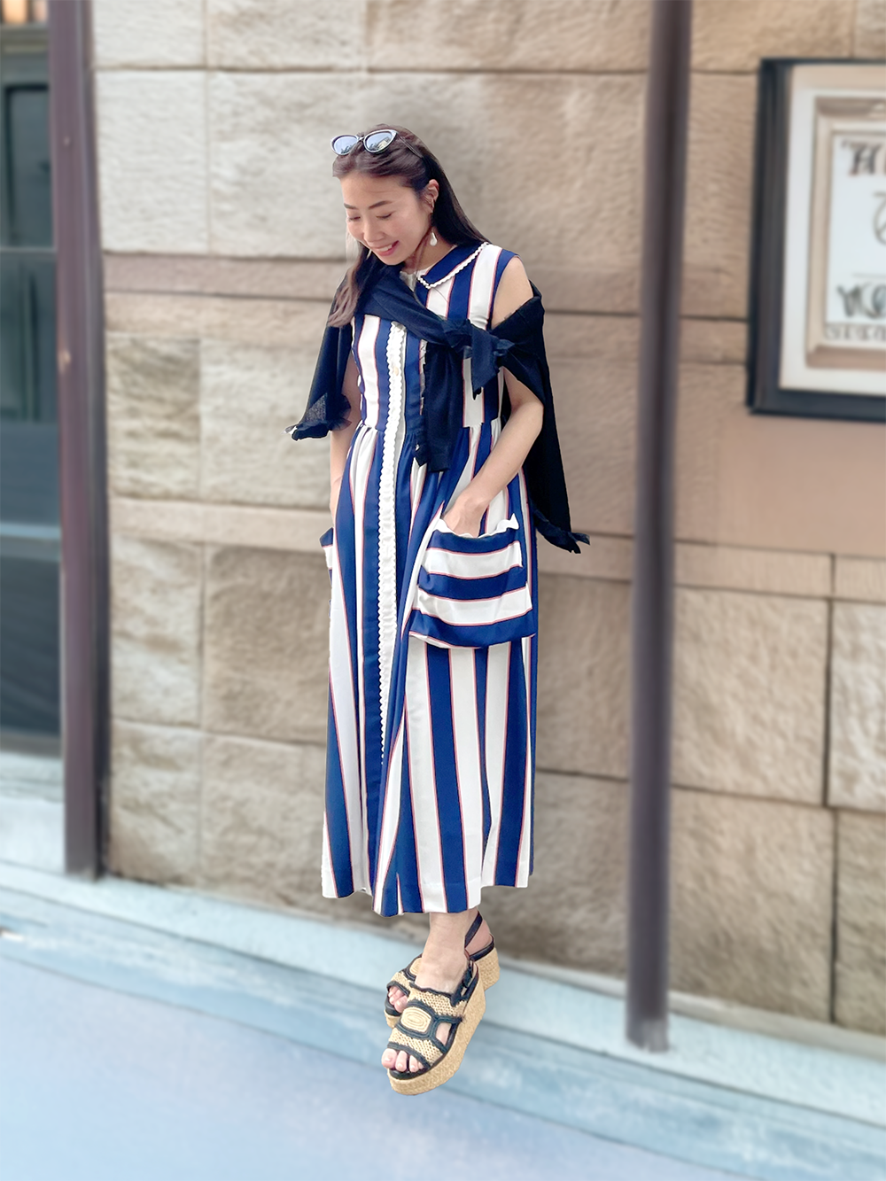 シーサイドワンピース×オープンフロントフリルカーディガン