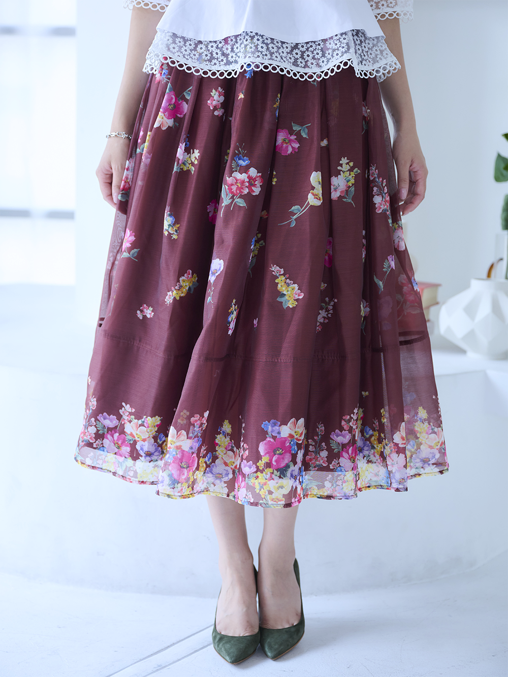 極美品✨45R 巻スカート　ラップ　プリーツ　総柄　フラワープリント Shinzone｜オリエンタルフラワー スカート oriental FLOWER SK