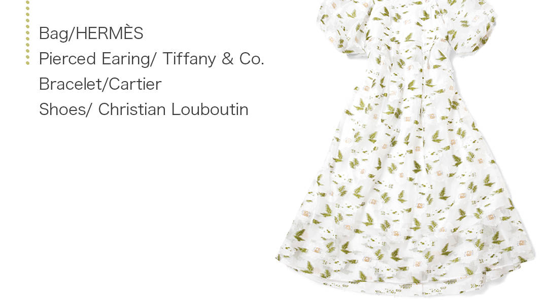 Bag／HERMES、Pierced Earing／Tiffany & Co.、Bracelet／Cartier、Shoes／Christian Louboutin width=