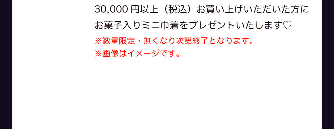 30,000円以上（税込）お買い上げいただいた方にお菓子入りミニ巾着をプレゼントいたします。※数量限定・無くなり次第終了となります。※画像はイメージです。