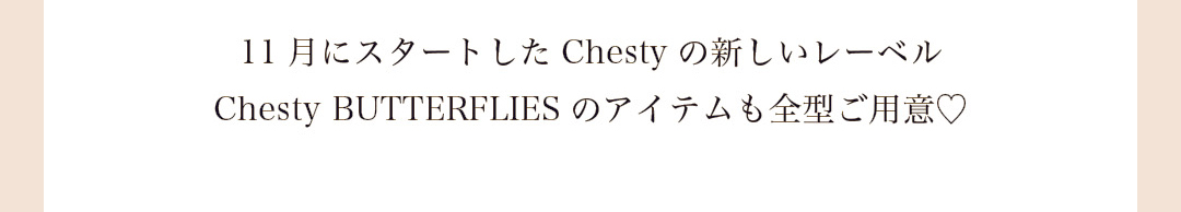 11月にスタートしたChestyの新しいレーベルChesty BUTTERFLIESのアイテムも全型ご用意